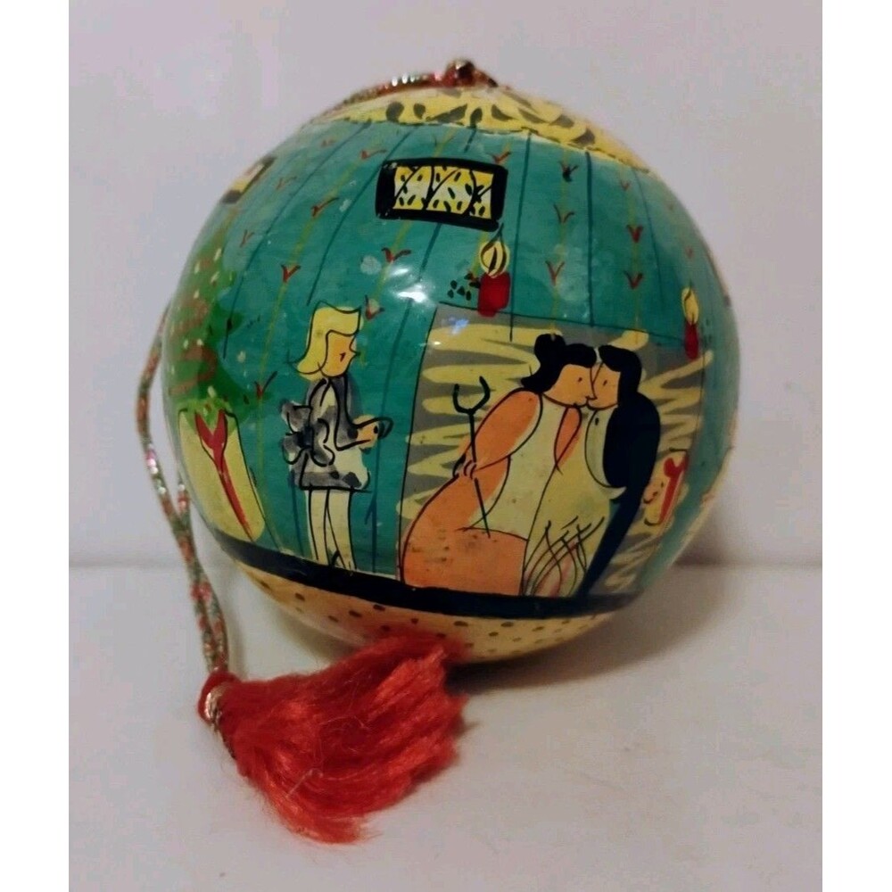 Vintage Paper Mache Christmas Ornament India Hand Painted Folk Art Tassel